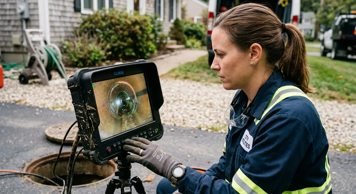 Technician reviewing sewer camera inspection footage in Lake Mills